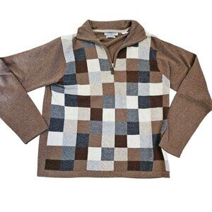 Mens Size Medium Cashmere Quarter Zip Sweater 2‎ Ply Brown Checkered Polo Gray